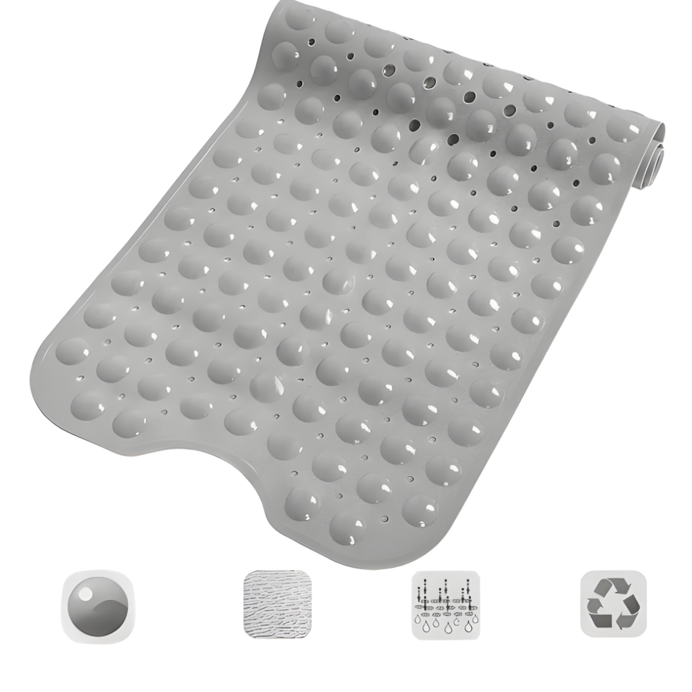 Large Rubber Non-Slip Bath Mat with Suction Cups and Drain