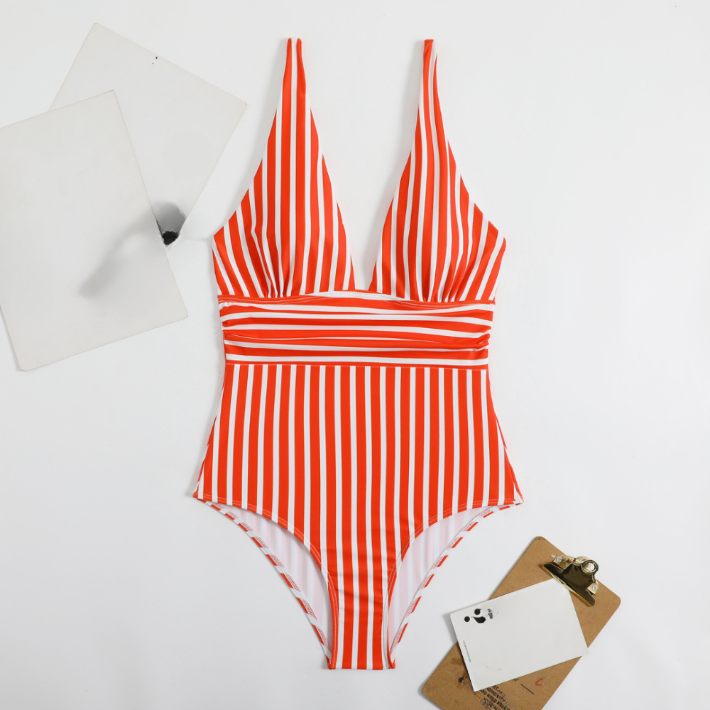 Women's One-Piece Swimsuit with Stripes, Body Shaping Model