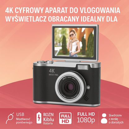 Kamera Cyfrowa Vlogging 4K z Obrotowym Ekranem dla Dorosłych