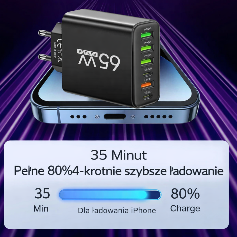 Ładowarka Sieciowa USB C 65W Szybkie Ładowanie 6 Portów
