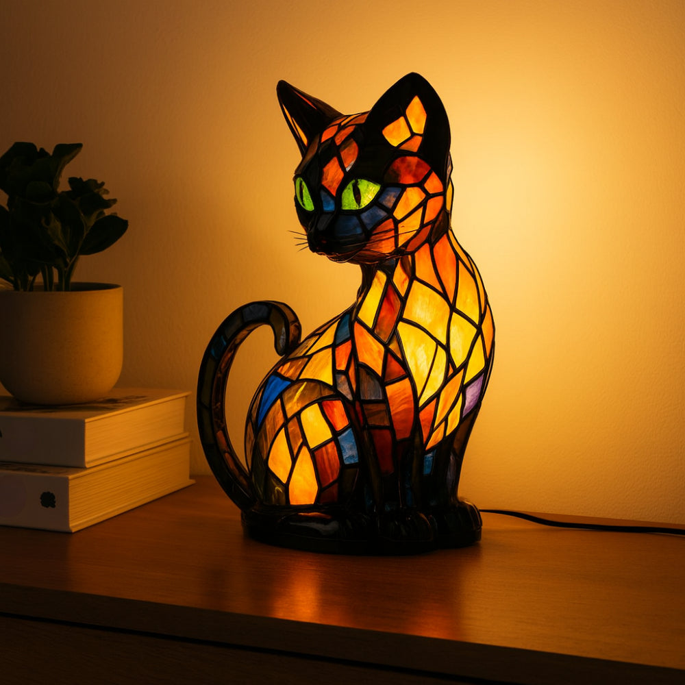 Lampa Nocna Dekoracyjna Witrażowa Kot Lampa Stołowa Dom
