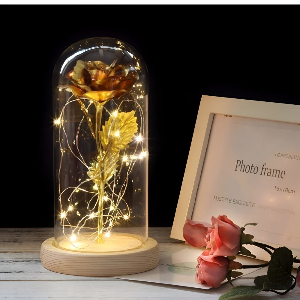 Decorative Rose Glass LED Lamp Wooden Base