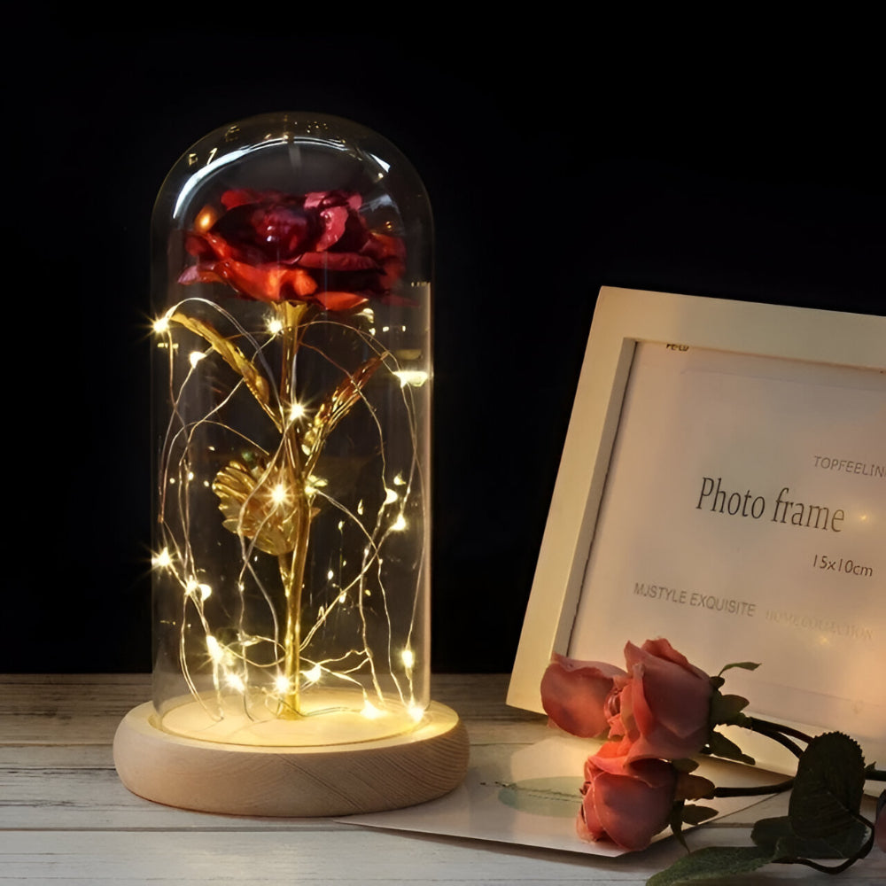 Decorative Rose Glass LED Lamp Wooden Base
