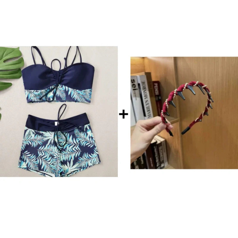 Strój Kąpielowy Damski Bikini Wysoki Stan Szorty Wiązanie