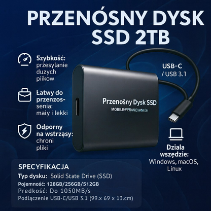 Dysk Zewnętrzny SSD Przenośny 2TB Szybki USB-C Przechowywanie Danych