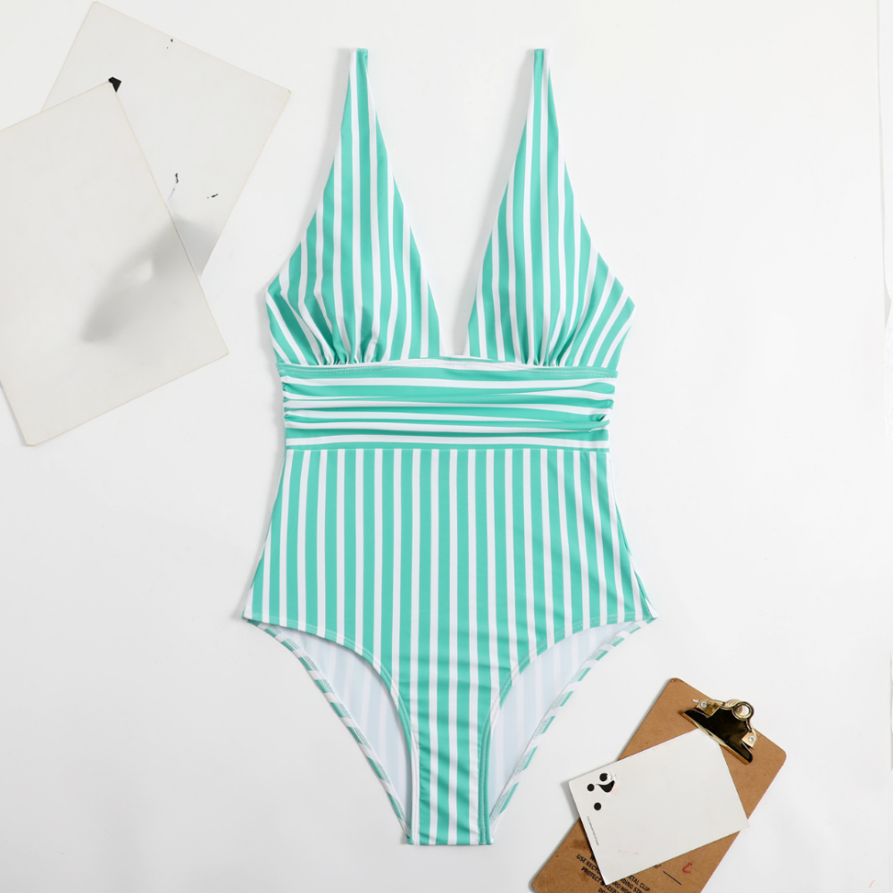 Women's One-Piece Swimsuit with Stripes, Body Shaping Model