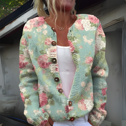Cardigan Women Floral Button Knit Warm