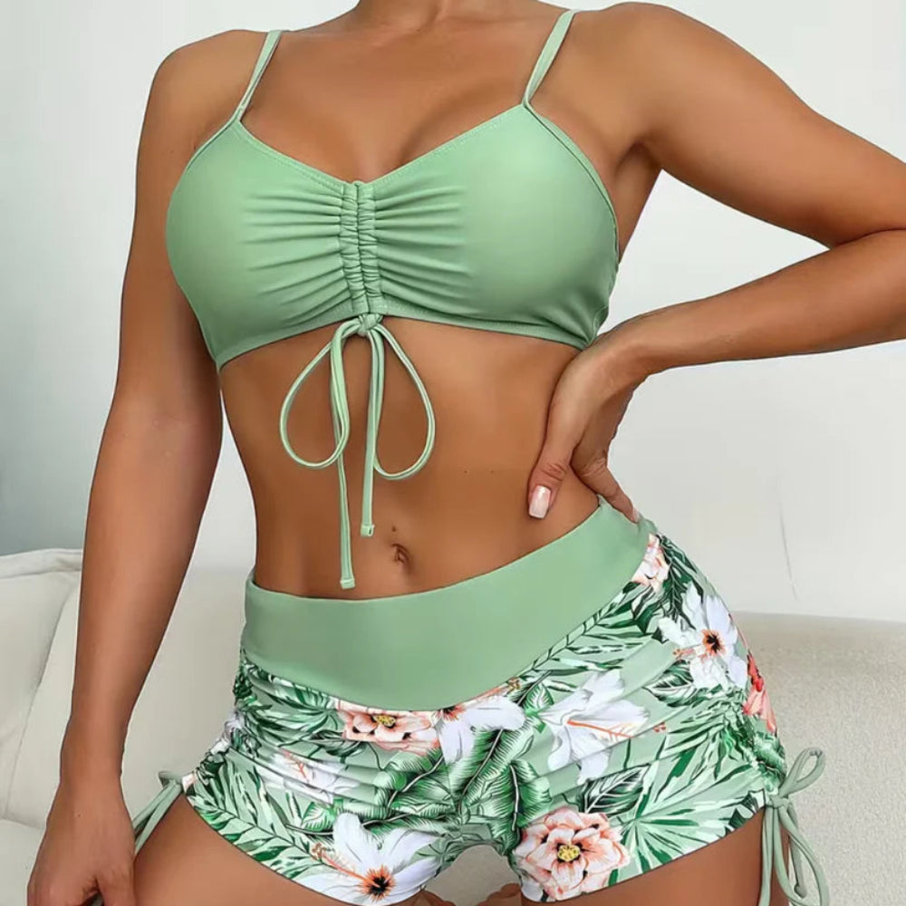 Strój Kąpielowy Damski Bikini Wysoki Stan Szorty Tropikalny