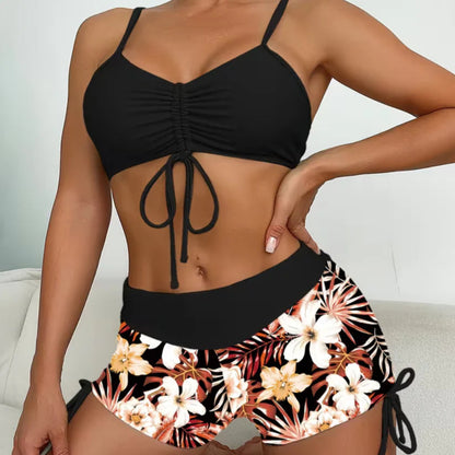 Strój Kąpielowy Damski Bikini Wysoki Stan Szorty Tropikalny